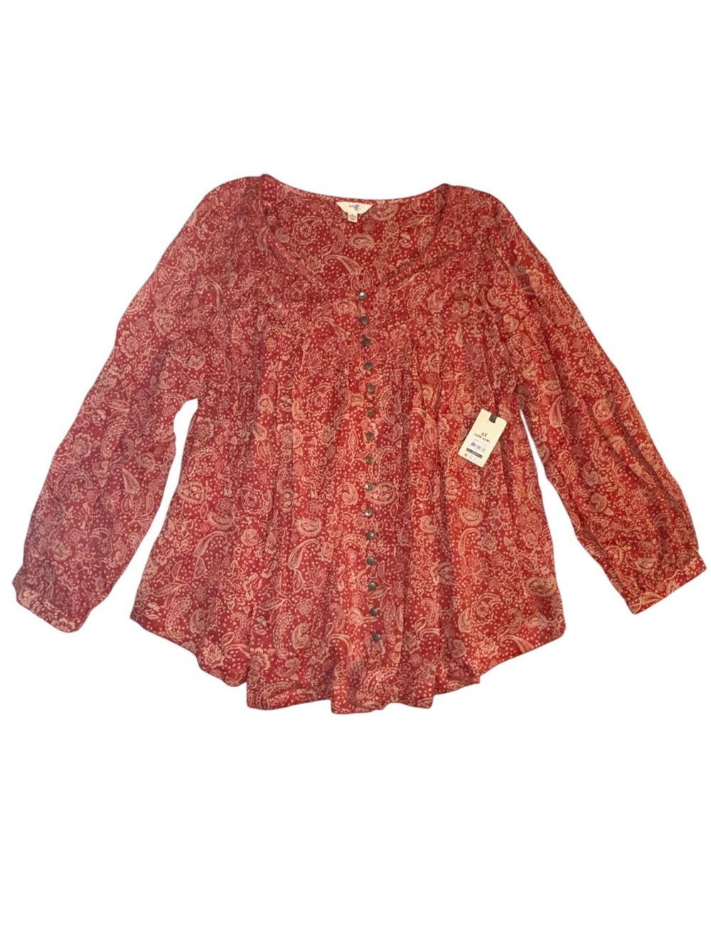 Orange Peach Paisley Button-Front Loose Fitting Peasant Blouse 100% Cotton